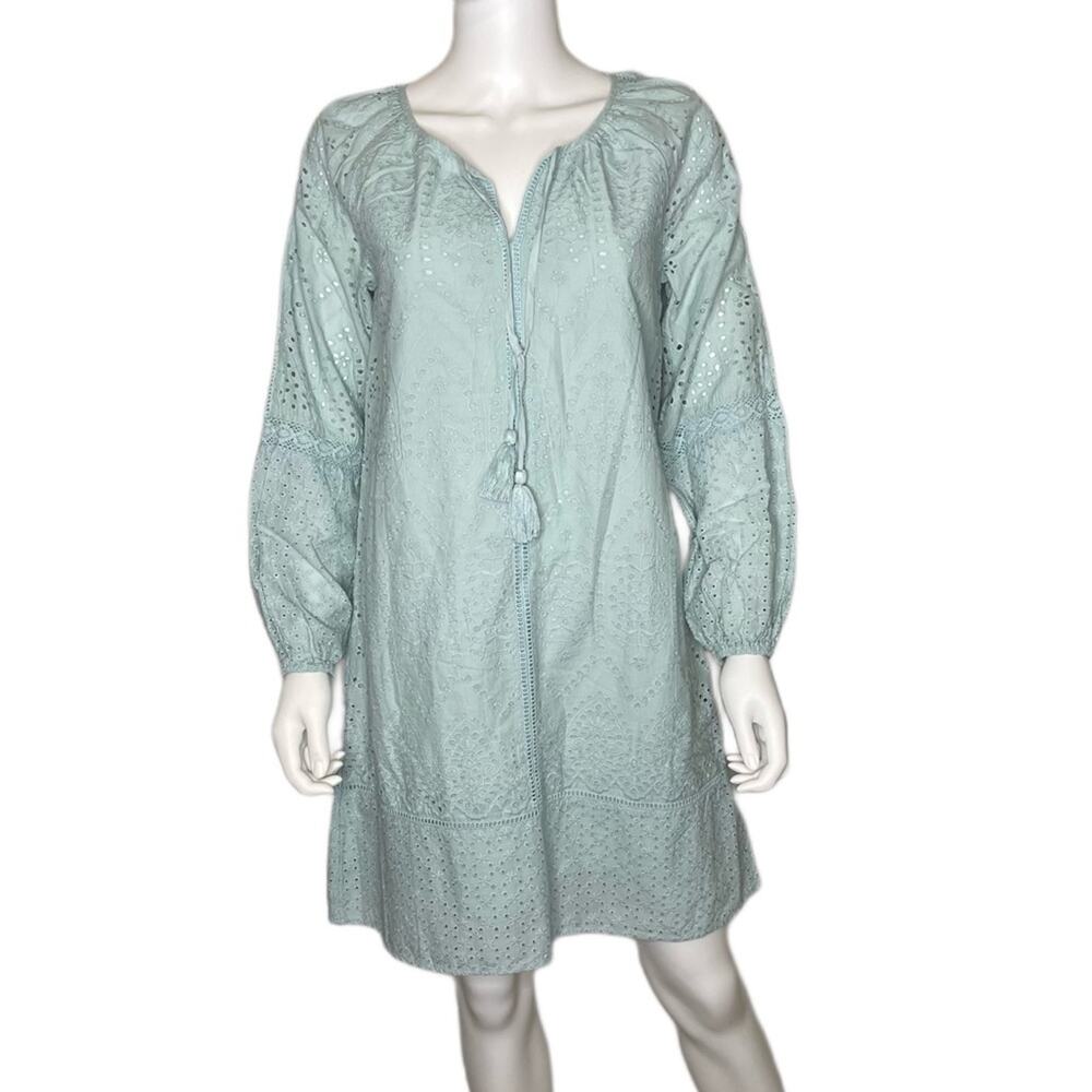 Sundance Women's Aqua Cotton Coastland Long Peasant Sleeves Shift Dress sz PS - Picture 2 of 5